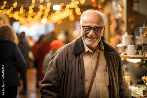 Warm and cheerful senior man smiling joyfully inside a festive market with holiday lights in the background. © apratim