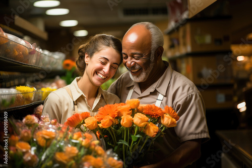 Senior man and younger woman smiling with orange flowers in a grocery store's floral department.
