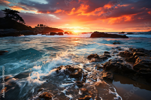 Stunning sunset over the ocean with waves crashing on the shore and vibrant orange sky reflecting on the water.