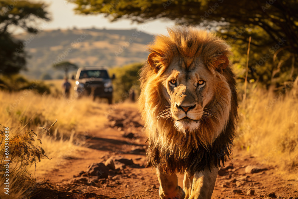 Majestic lion walking on a dirt road in the African savannah during a safari with a vehicle visible in the background.