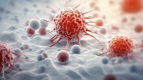 Lymphocytes Fighting Cancer Cells, Medical Illustration Featuring Immune System Cells and Metastasis photo