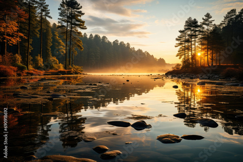 Tranquil river with reflections of trees during a serene sunrise  capturing the beauty and peacefulness of nature.
