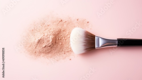 Makeup brush with rice loose face powder on light pink background, top view.  photo