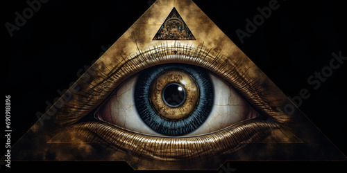  Triangular amulet with blue eye as protection against evil eye, Pyramid With Eye on black background   The Triangular Amulet with a Blue Eye for Ultimate Protection Against the Evil Eye AI generative photo