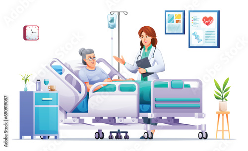 Doctor visits a senior woman lying on hospital bed. Patient hospitalization concept. Vector cartoon illustration