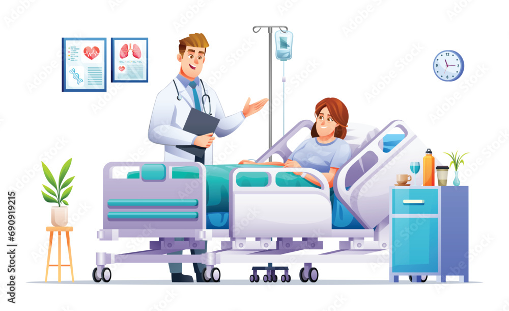 Doctor visits a sick woman lying on hospital bed. Patient hospitalization concept. Vector cartoon illustration