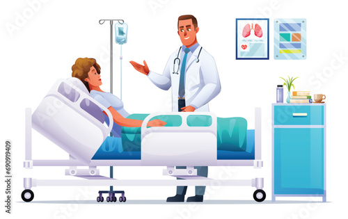 Doctor visits a sick woman lying on hospital bed. Healthcare medical concept. Vector cartoon illustration