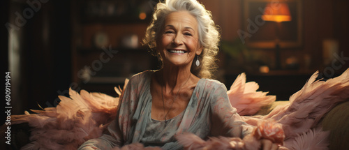Zeitlose Gelassenheit: Schöne Seniorin mit Engelsflügeln