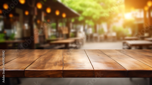 Empty wooden table space platform and blurred resturant or coffee shop background for product display montage. Generative Ai