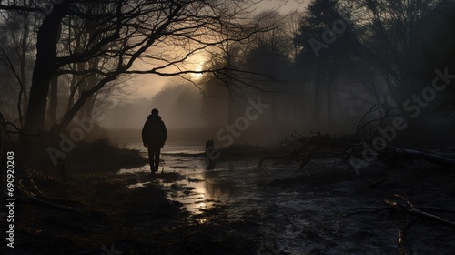 A lone tourist's journey through the serene atmosphere of a misty forest at dawn