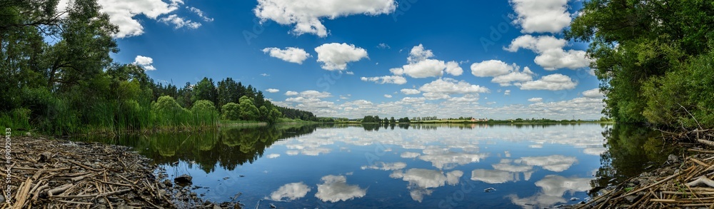 panorama view on a lake with sky reflection