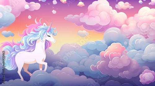 This is a whimsical illustration of two unicorns in a dreamy sky with pink clouds and stars. for children's design or fantasy themes photo