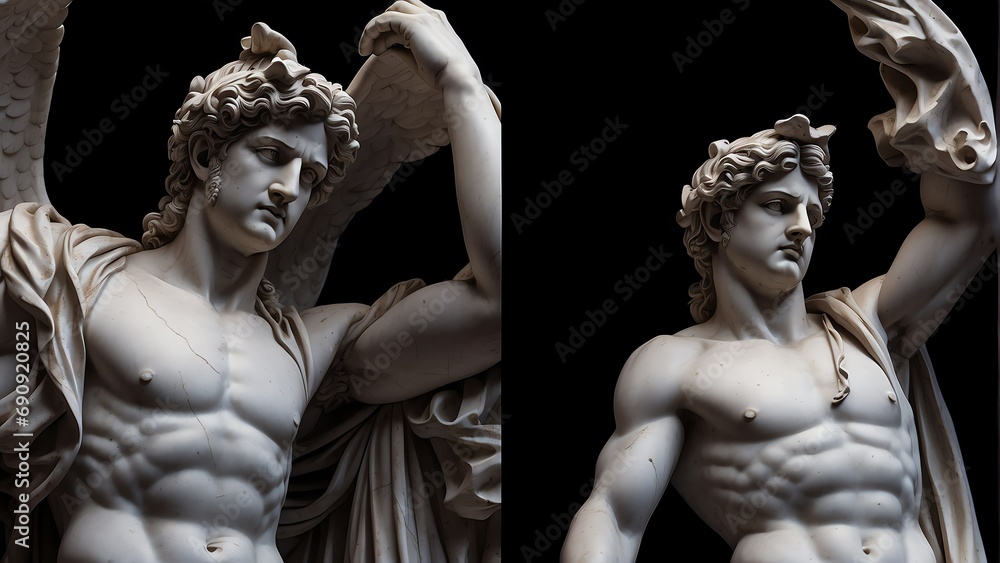 Full body marble statue of greek god apollo on plain black background from Generative AI - obrazy, fototapety, plakaty 