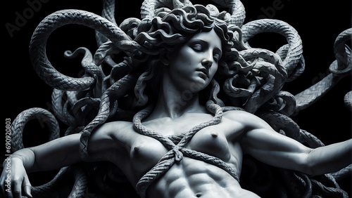 Full body marble statue of medusa on plain black background from Generative AI