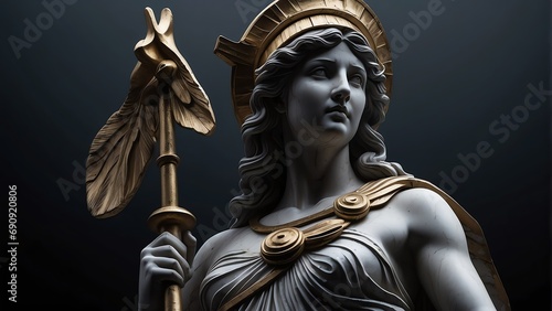 Full body marble statue of greek goddess athena on plain black background from Generative AI photo