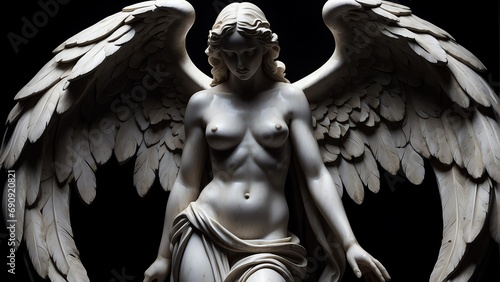 Full body marble statue of an angel on plain black background from Generative AI