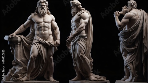 Full body marble statue of greek god zeus on plain black background from Generative AI