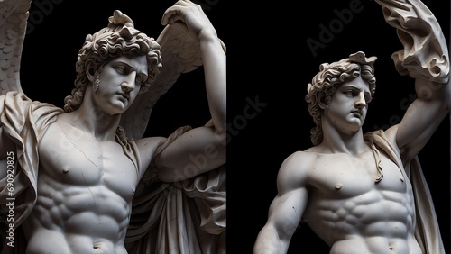 Full body marble statue of greek god apollo on plain black background from Generative AI photo