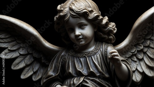 Full body marble statue of a child angel on plain black background from Generative AI