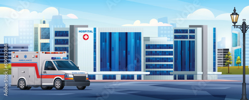 Hospital building with ambulance emergency car. Medical clinic design background landscape illustration