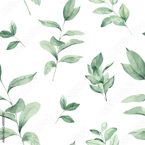 Watercolor Seamless Pattern Background with Elegant Branch with Leaves