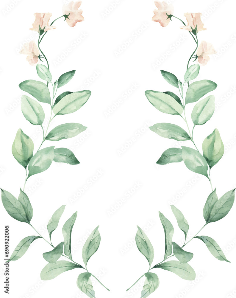 Watercolor Wreath with Leaves and Sweet Pea Watercolor Wreath with Leaves and Sweet Pea