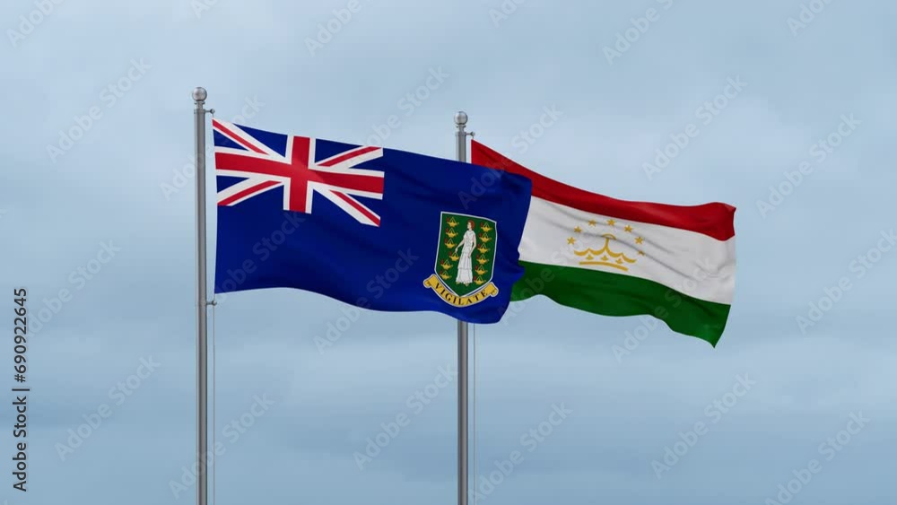 Tajikistan and British Virgin Islands flag waving together on cloudy sky, endless seamless loop, two country cooperation concept Tajikistan and British Virgin Islands flag waving together on cloudy sky, endless seamless loop, two country cooperation concept