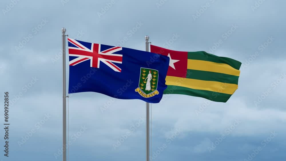 Togo, Togolese Republic and British Virgin Islands flag waving together on cloudy sky, endless seamless loop, two country cooperation concept Togo, Togolese Republic and British Virgin Islands flag waving together on cloudy sky, endless seamless loop, two country cooperation concept