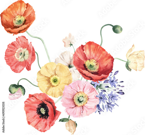 Watercolor Bouquet with Icelandic Poppies  Anthurium and Agapanthus