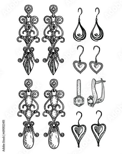 Women s jewelry earrings. Vintage handmade decorations. Antique Vintage gold fancy articles or bijouterie. Long earrings sketch. Engraved monochrome elements. Earrings icons set. Vector illustration.