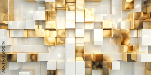 Fototapeta Naklejka Na Ścianę i Meble -  Background wall of abstract block squares white and gold design, light silver metal squares with gold, intersecting planes, 3D