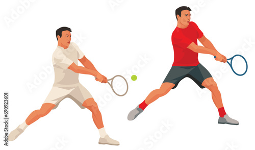 Two figures of Korean tennis player in a white and red sports uniform who hits the ball with a racket holding it with two hands at backhand