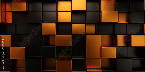 Wallpaper with abstract geometric, metallic pattern black and gold color, metallic rectangles, squares, intersecting surfaces, 3D