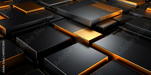 Black square background with gold outlines, solid surface modeling style, gold and orange outline, block polished surfaces, elongated shapes, chromatic sculptural slabs. photo