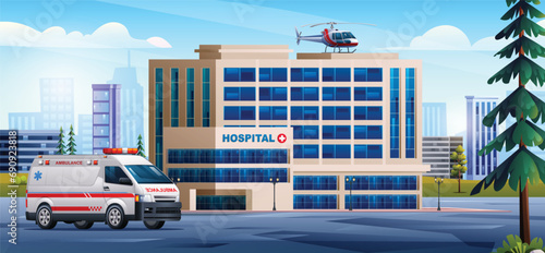 Hospital building with ambulance car and medical helicopter. Medical clinic design background landscape illustration photo