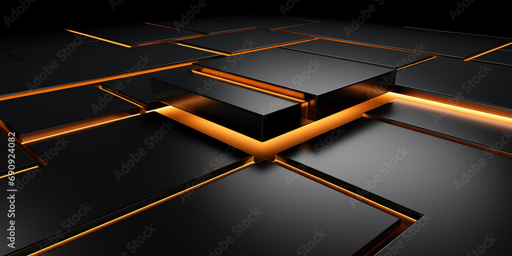 Black square background with gold outlines, solid surface modeling style, gold and orange outline, block polished surfaces, elongated shapes, chromatic sculptural slabs. - obrazy, fototapety, plakaty 