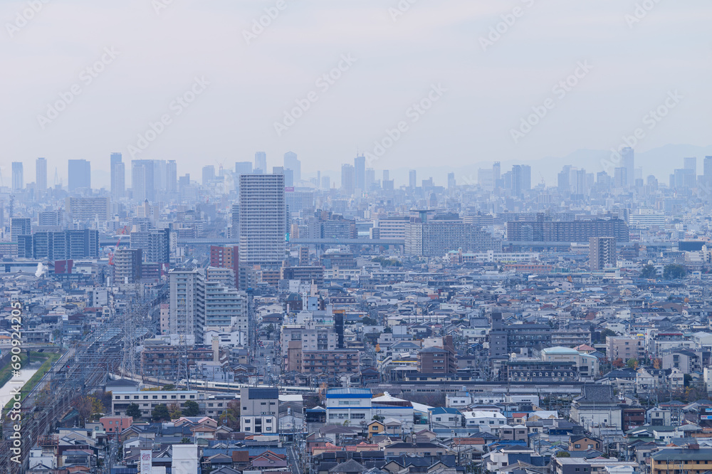 Overhead view of the city of Osaka, Japan, seen from a high hill