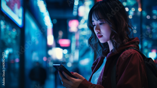 夜の街のシーン、街路のネオンライトの下で電話でモバイルアプリを使用する日本人女性GenerativeAI photo