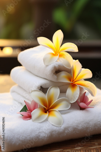 Towel and plumeria flowers concept of spa  massage