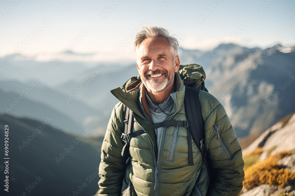 Portrait of smiling man with backpack standing on top of mountains