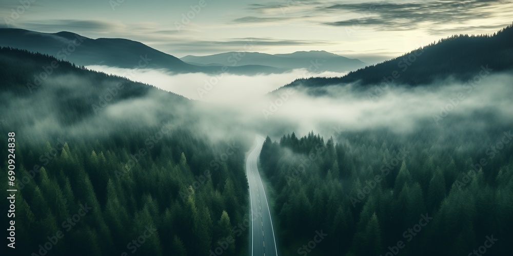 Aerial top view mountain road in dark green foggy forest - obrazy, fototapety, plakaty 