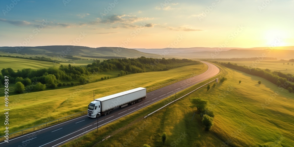 Aerial drone view to a distant truck driving on road