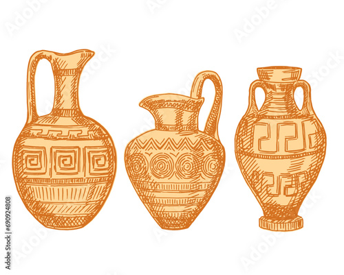 Archaeological finds. vases and pitchers. Sketch. Ancient decorative pots isolated on white background, old antique clay greece pottery ceramic bowls vector illustration.