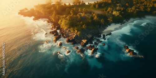 aerial top view of a caribbean island in golden hour