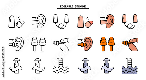 Earplugs icons set color vector. Editable stroke. Anti-noise device. Earplugs protection