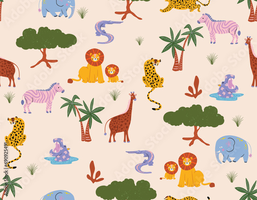Cute Animal in safari forest pattern design as vector