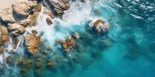 Aerial view of sea and rocks ocean blue waves crash to shore