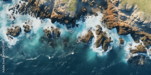 Aerial view of sea and rocks ocean blue waves crash to shore