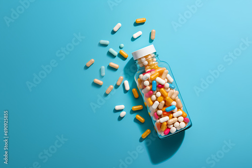 Abstract blue medical and pharmaceutical background with pills, copy space