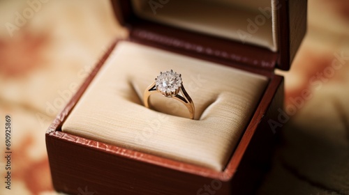 a vintage-style ring in an earthy brown ring box, combining old-world charm with a modern white setting. © Ahmad